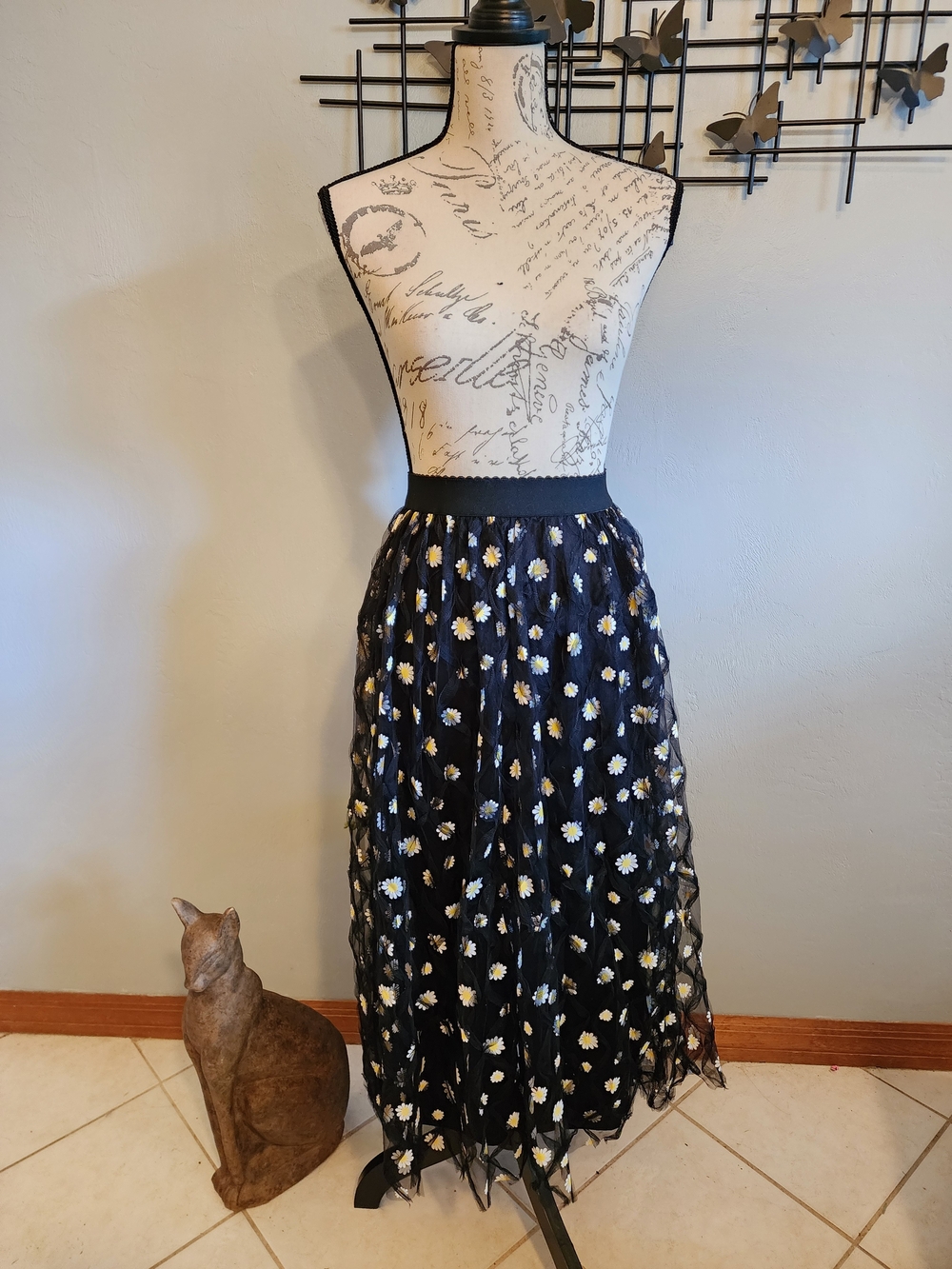 Black Tulle Midi Skirt with White & Yellow Daisy Embroidery